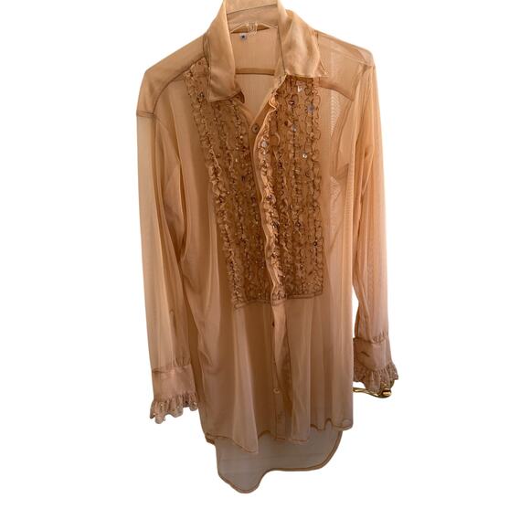 Sheer Nude Beaded Ruffle Tunic Blouse | Size M - Picture 2 of 8